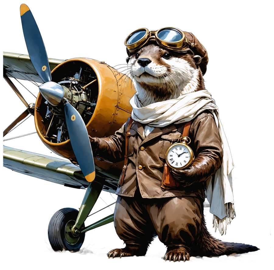 Ott the river otter, WW1 flying ace, standing beside his biplane checking a gold pocket watch